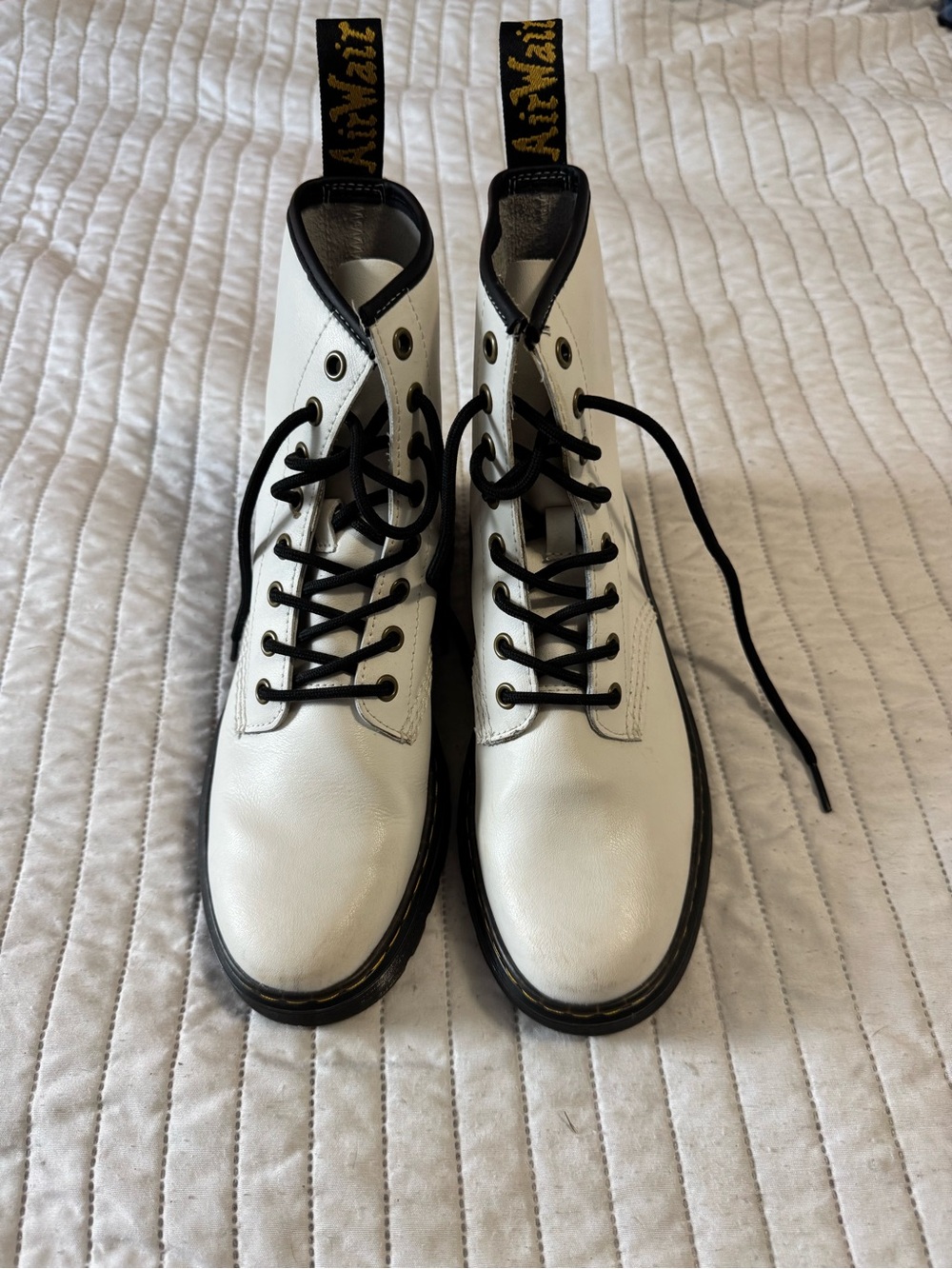 Dr. Martens White Leather Lace-Up Boots with Black Trim